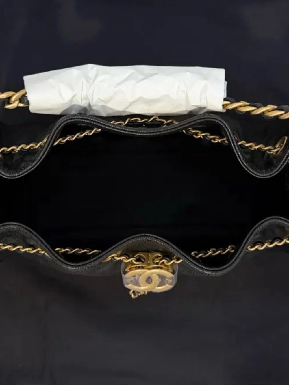 CHANEL 25 Black Caviar Quilted Shoulder Bag with Gold Chain Hardware